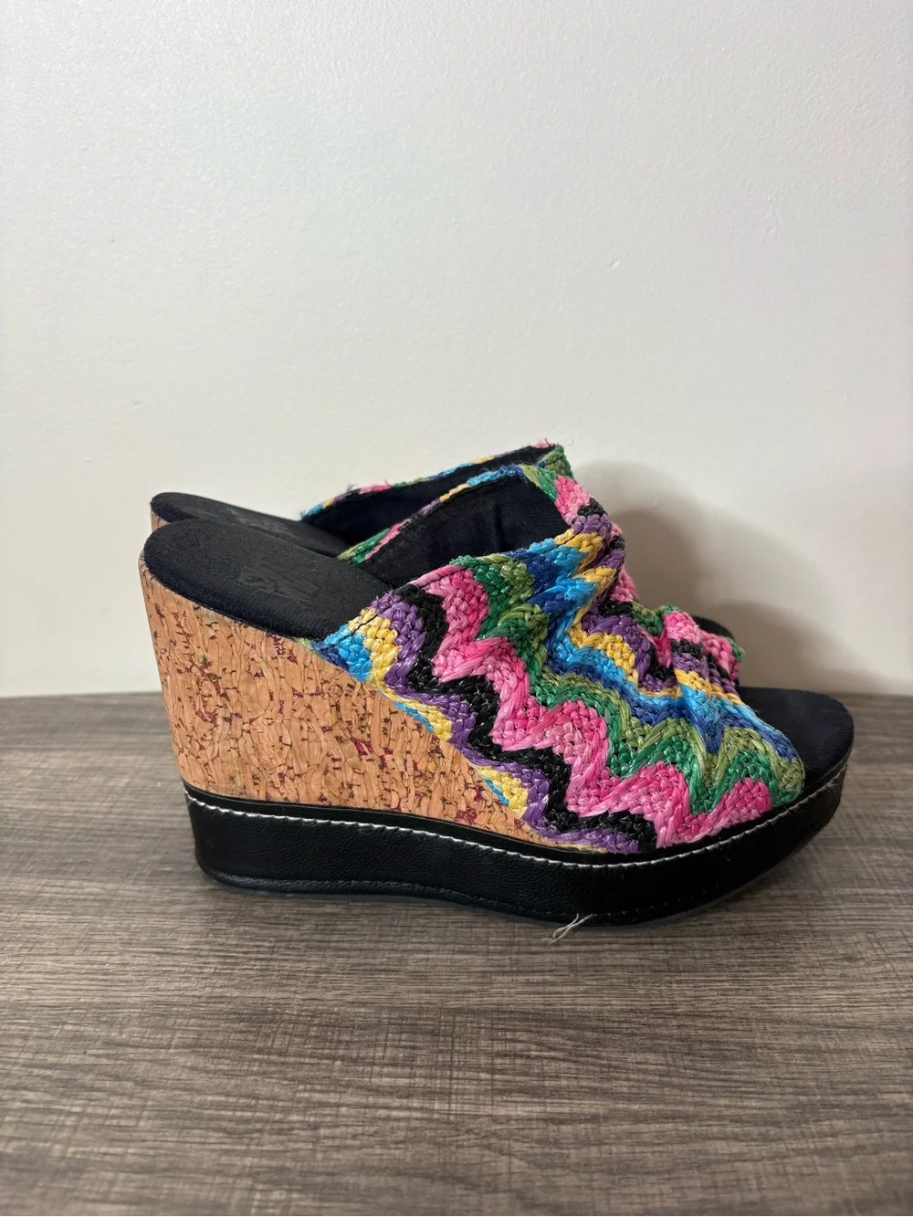 MUK LUKS Peyton Glitter Cork Platform Wedge Slip-on Peep-toe Sandal Stretch Y2K